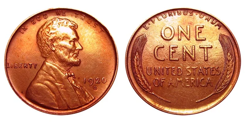 Side-by-side comparison of a common worn 1920-S wheat penny versus a high-grade MS65 Red 1920-S penny showing dramatic luster difference