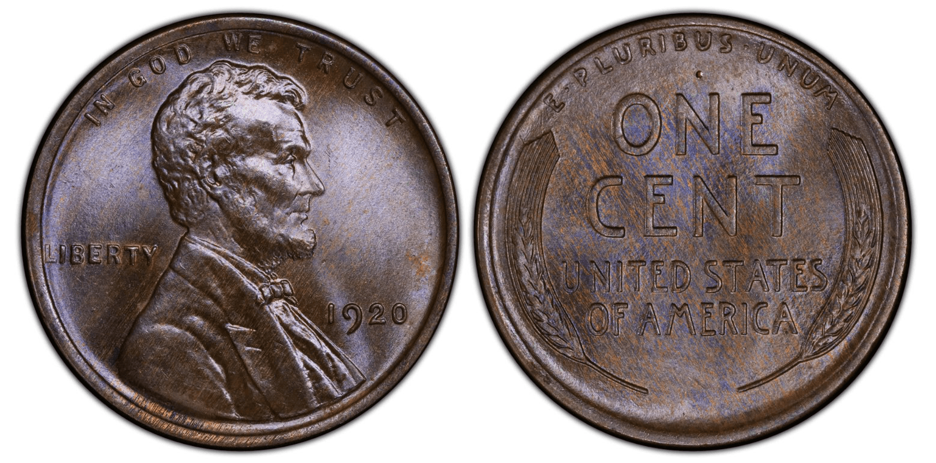 Group photograph of 1920 wheat pennies from all three mints showing Philadelphia no mint mark, Denver D mint mark, and San Francisco S mint mark varieties