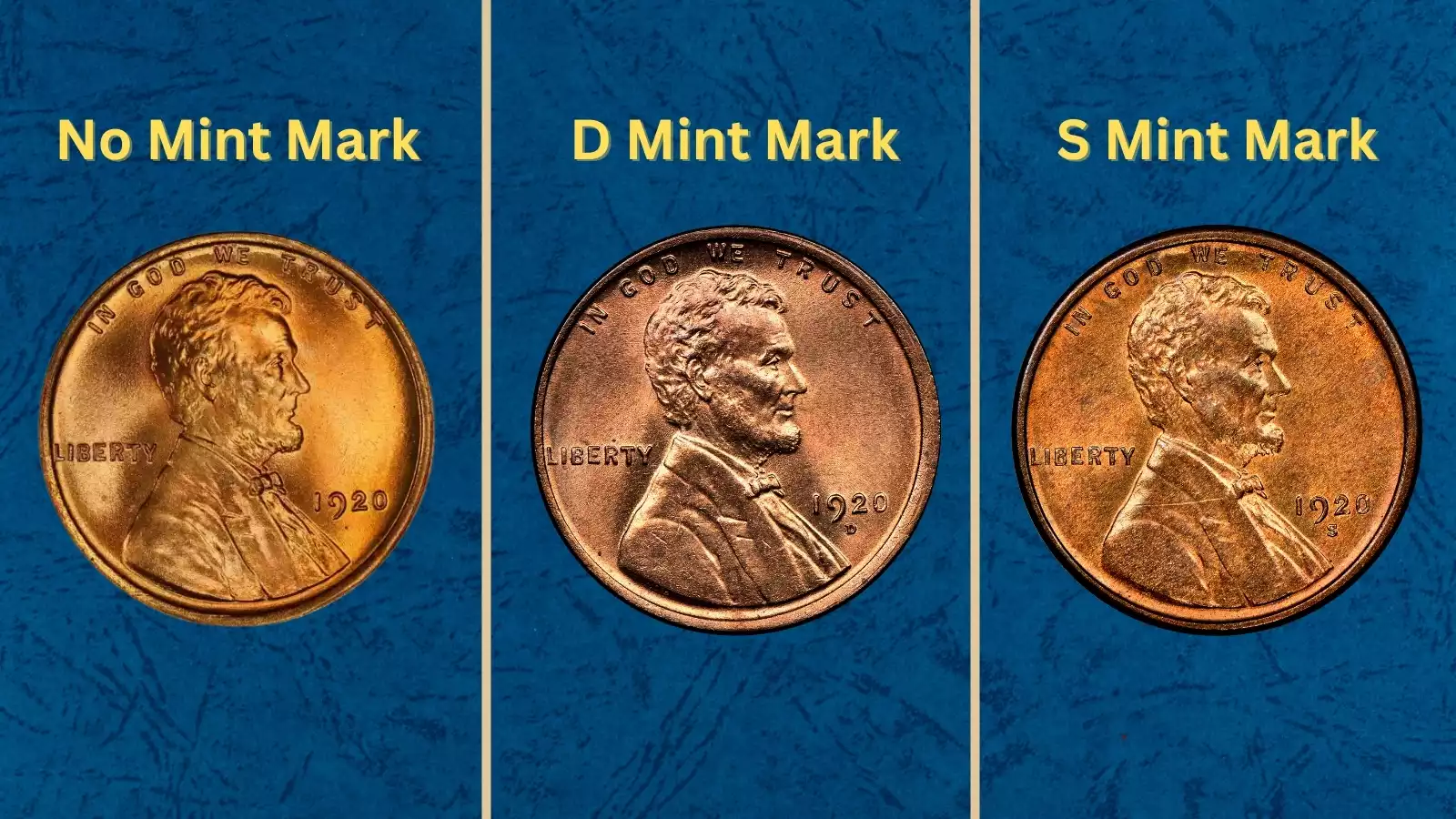 Grading strip showing four 1920 wheat pennies in progressive condition from Good worn through Very Fine circulated to About Uncirculated to Gem Mint State Red